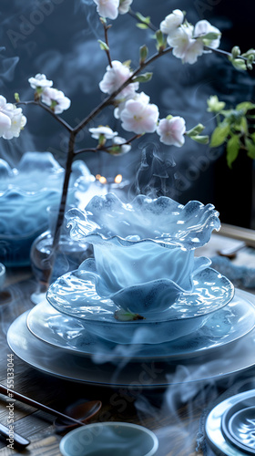 Jellyfish aesthetics - jelly, smoothness and volume of forms in table setting. Blue and light blue shades in the interior.