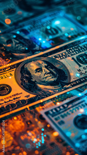 A detailed view of US hundred dollar bills with a blue and orange digital overlay, suggesting financial analysis.
