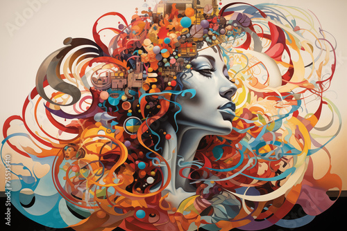 Abstract woman's face pattern, woman's creative expressions, Mindful Imaginings, A Girl's Strength Found in Imaginative Expression, Abstract illustration of mental health and psychological imagination