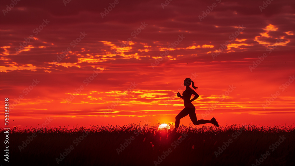 In Pursuit of Fitness: A Woman’s Silhouette Against a Red Sunset