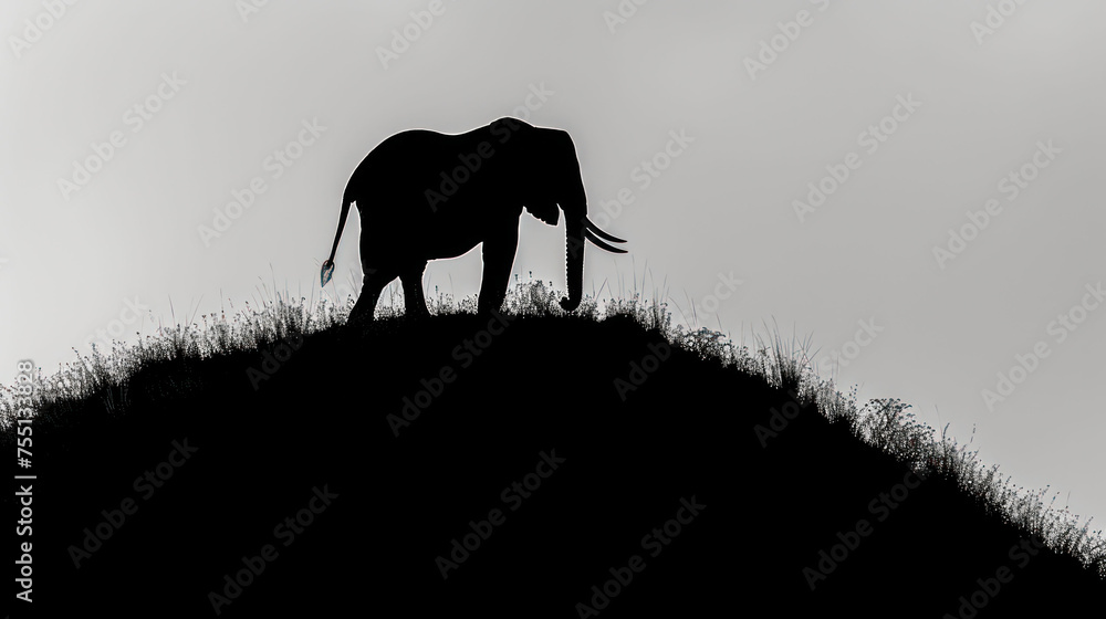 a black and white photo of an elephant standing on top of a hill with grass on the side of it. a black and white photo of an elephant standing on top of a hill with grass on the side of it.