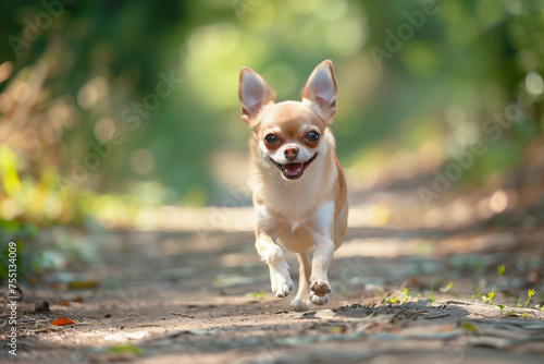 A small chihuahua dog runs happily ahead  1 