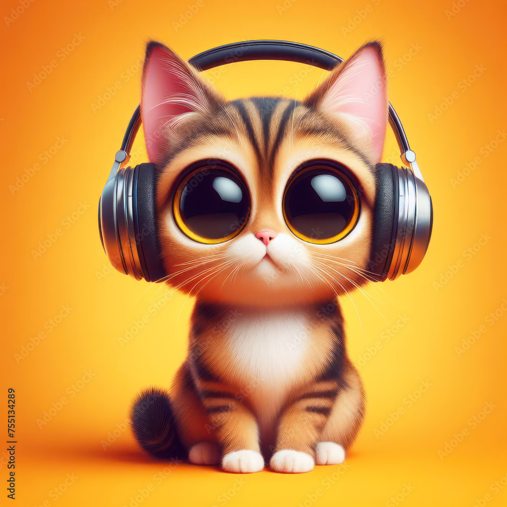 Full body cat with bulging big eyes and headphones isolated on color bright background. ai generative Full body cat with bulging big eyes and headphones isolated on color bright background. ai generative