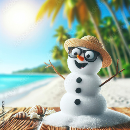 A funny snowman with bulging eyes melts in the sun on a squeaky beach. ai generative