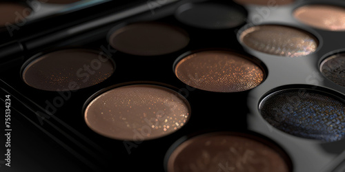 Detailed close-up of a makeup eyeshadow palette with glitter elements for a glamorous look