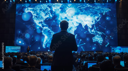 Back view of a businessman watching a large screen display of a glowing global network at a data-focused conference. © Raweewit