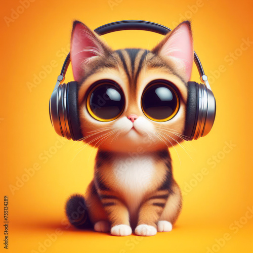 Full body cat with bulging big eyes and headphones isolated on color bright background. ai generative