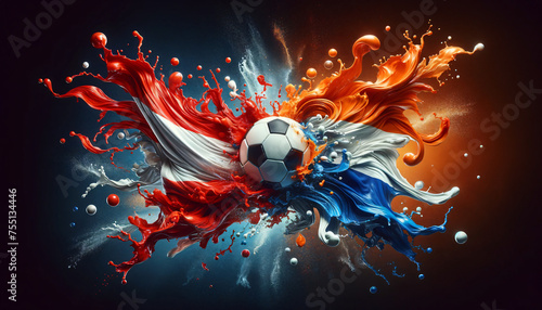 liquify country flags of Austria and Netherlands splash towards each other, with a soccer ball in the middle, football EM 2024, Group phase matchday 3, Generative ai