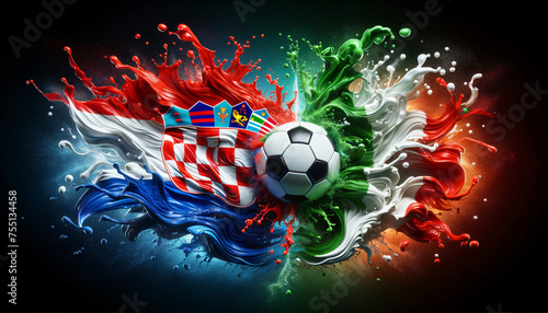 liquify country flags of Croatia and Italy splash towards each other, with a soccer ball in the middle, football EM 2024, Group phase matchday 3, Generative ai photo