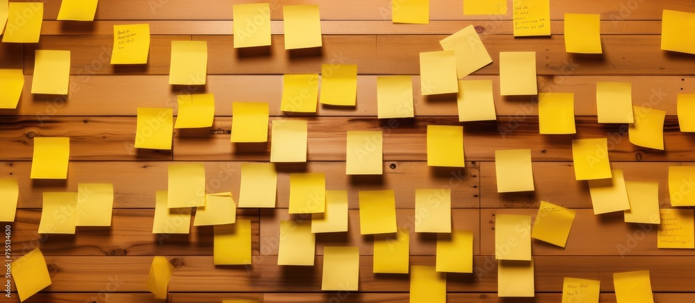 Brown wooden wall covered in yellow postit notes. The rectangular notes contrast with the wood material of the wall, creating a unique and eyecatching font Brown wooden wall covered in yellow postit notes. The rectangular notes contrast with the wood material of the wall, creating a unique and eyecatching font