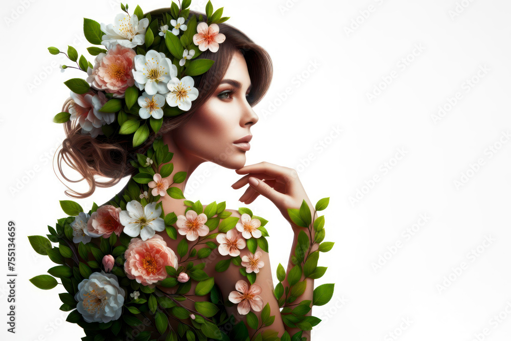 beautiful woman formed of blooming spring flowers and green leaves. ai generative