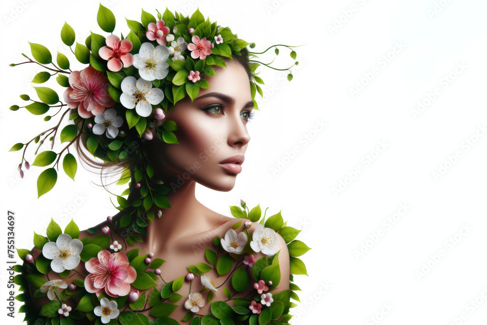 beautiful woman formed of blooming spring flowers and green leaves. ai generative beautiful woman formed of blooming spring flowers and green leaves. ai generative