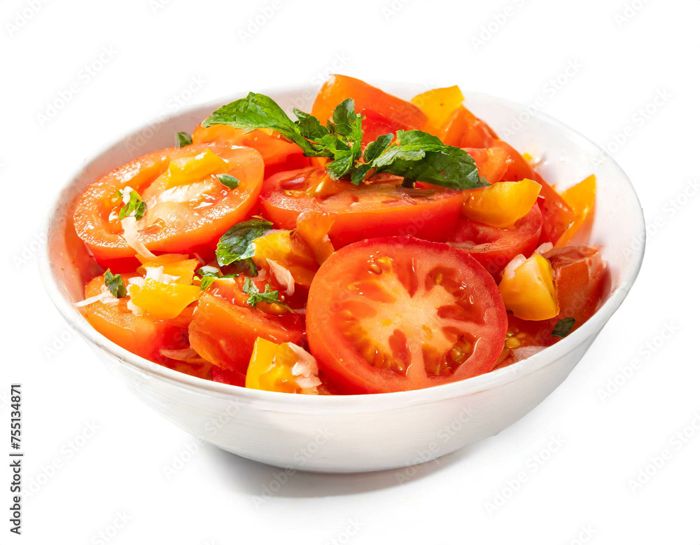 selbstgemachter Tomatensalat isoliert auf weißen Hintergrund, Freisteller 