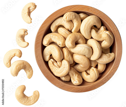 cashew in white bowl top view on transparent background.
