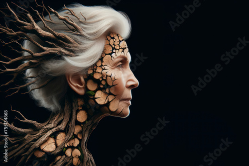 senior woman formed of fractured bark of tree isolated on solid black background. ai generative
