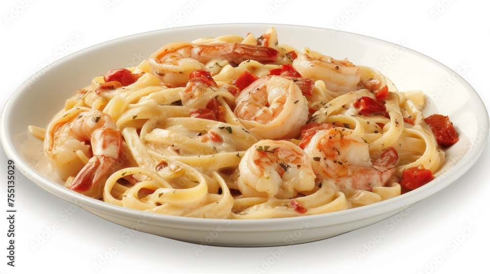 a close up of a bowl of pasta with shrimp and tomatoes on a white background with a white bowl of pasta with shrimp and tomatoes on the side.