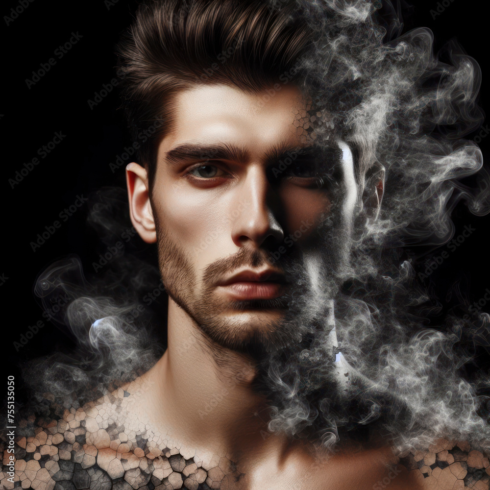 handsome man formed of fractured smoke isolated on solid black background. ai generative