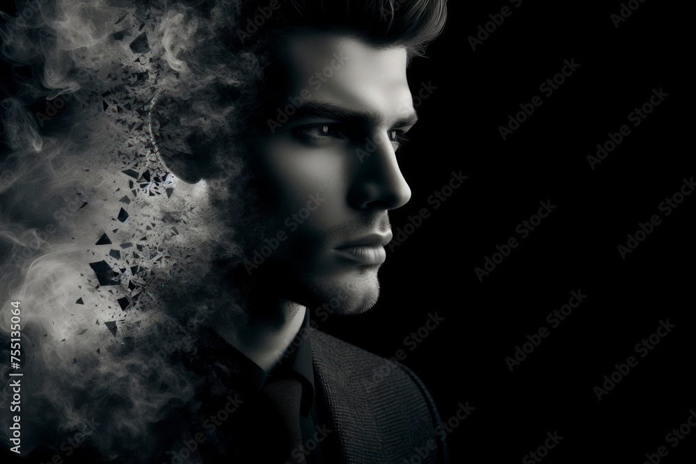 handsome man formed of fractured smoke isolated on solid black background. ai generative handsome man formed of fractured smoke isolated on solid black background. ai generative