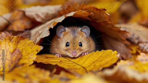 a small rodent peeking out of a hole in a leafy area with yellow and brown leaves surrounding it.