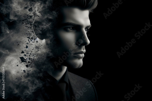 handsome man formed of fractured smoke isolated on solid black background. ai generative © Igor
