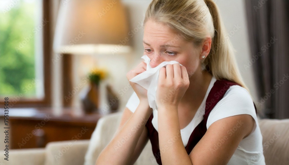 A young woman snorting at home, flu, cold, ilness, epidemy A young woman snorting at home, flu, cold, ilness, epidemy