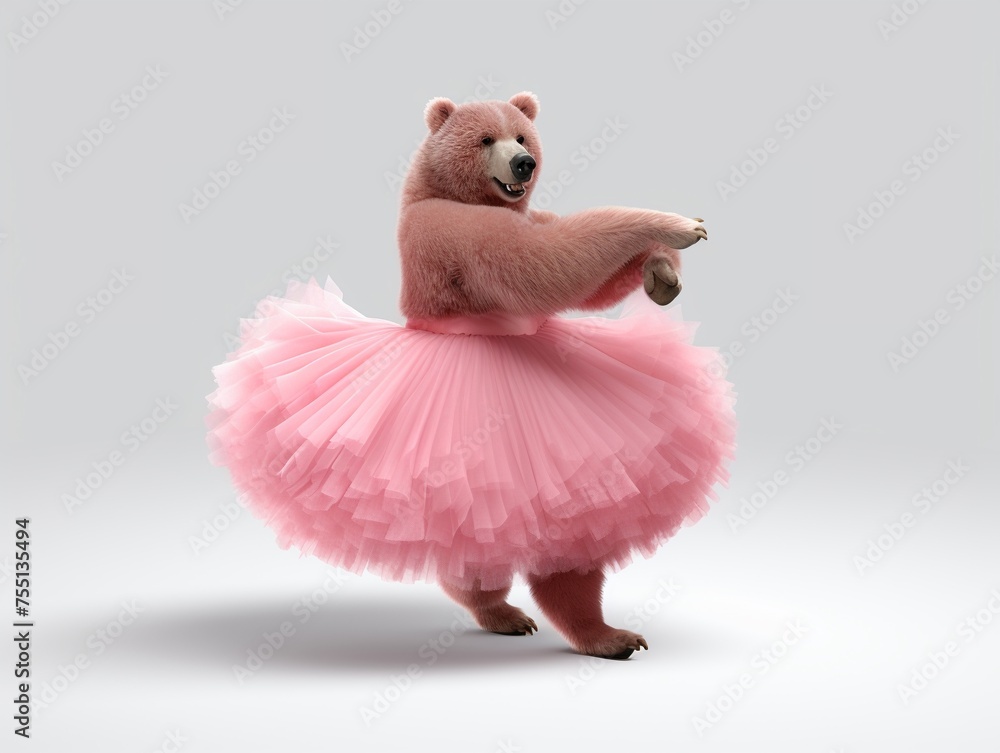 Grizzly bear in a fluffy pink ballet dress elegantly performing ballet - obrazy, fototapety, plakaty 