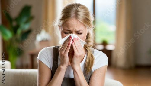 A young woman snorting at home, flu, cold, ilness, epidemy photo