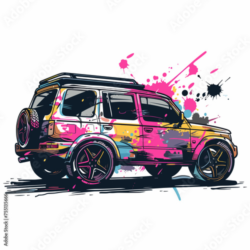 Vector hand drawn illustration of offroad car in grunge style.