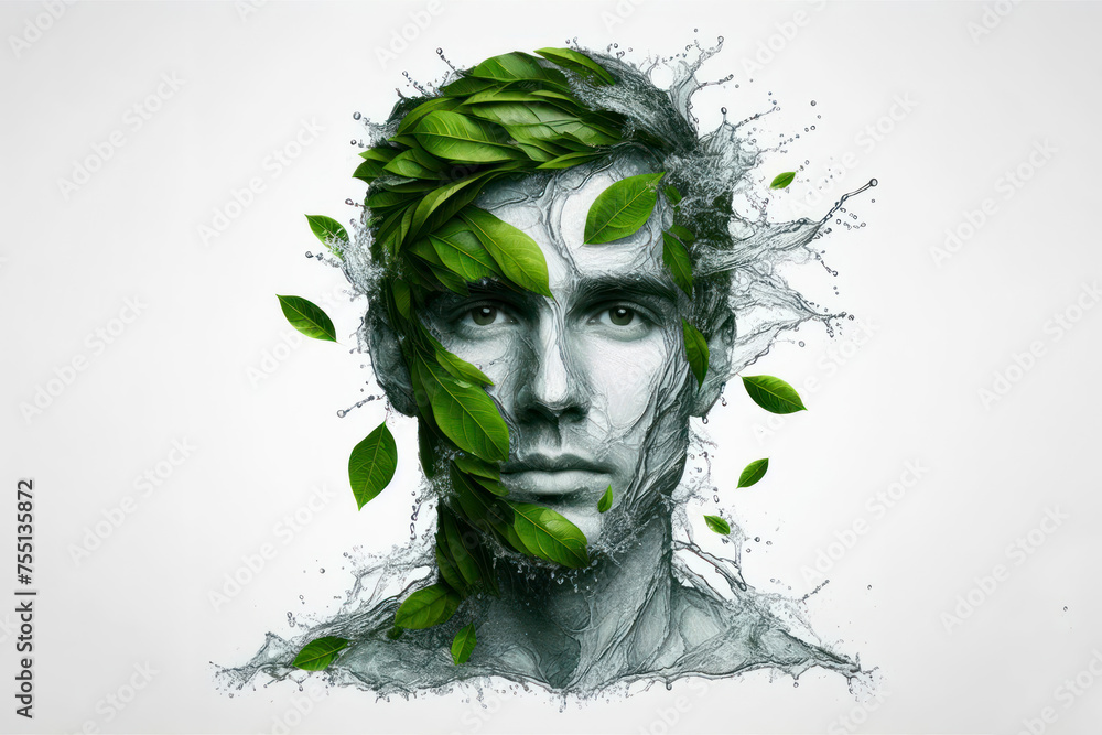 Portrait of a man formed from water splash and green leaves isolated on a white background. ai generative