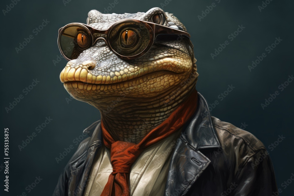 Intriguing Crocodile glasses portrait. Animal predator cute wild reptile. Generate Ai