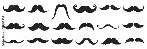 Different moustache silhouettes set. Black hipster, gentleman or barbershop symbols and retro elements. Collection of men's moustaches. Vector illustration on white background. photo