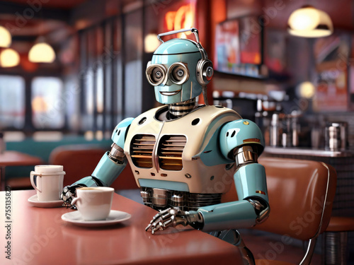 Futuristischer Roboter trinkt einen Kaffe in einer Roboterbar im 80 Jare Style. photo