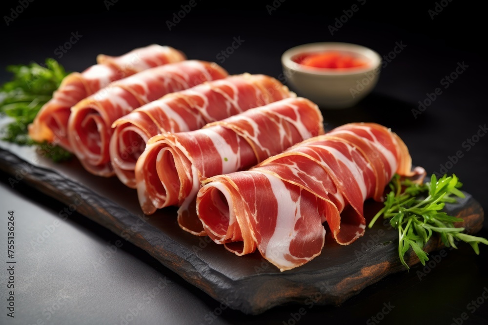 Savory Rolled sliced jamon. Fresh food with green spices branch. Generate Ai Savory Rolled sliced jamon. Fresh food with green spices branch. Generate Ai