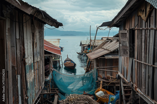 A view of a fishing village with wooden houses, nets, and boats