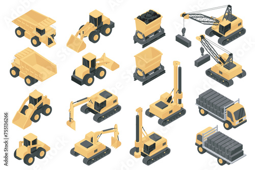 Construction equipment isometric elements constructor mega set. Creator kit with flat graphic concrete machinery, dump trucks, excavators, trolley, cranes. Vector illustration in 3d isometry design