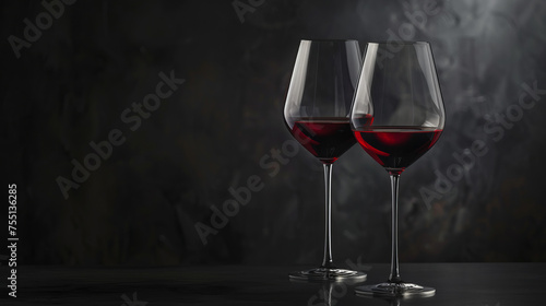 Elegantly shaped wine glasses filled with red wine featured against a dark, moody backdrop with a subtle luxurious vibe photo