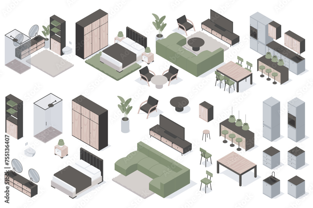 Furniture isometric elements constructor mega set. Creator kit with flat graphic interior objects for bathroom, bedroom, living room, dining and kitchen. Vector illustration in 3d isometry design