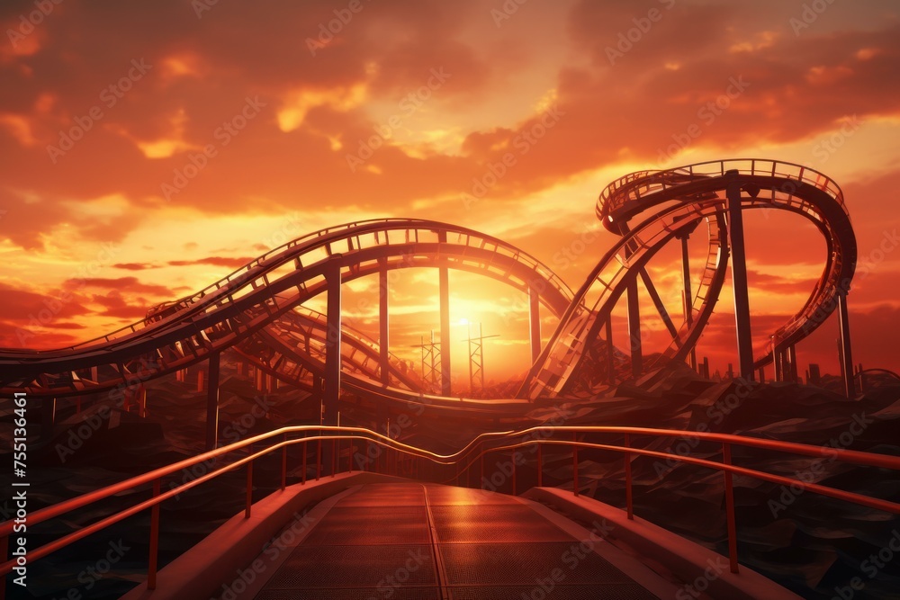 Obraz premium Breathtaking Roller coaster sunset. Sky rail. Generate Ai