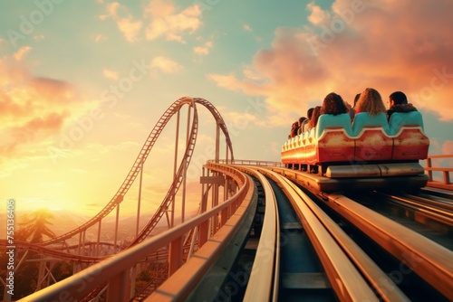 Unpredictable Roller coaster summer. Sky carnival. Generate Ai photo