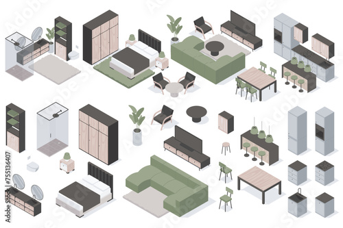 Furniture isometric elements constructor mega set. Creator kit with flat graphic interior objects for bathroom, bedroom, living room, dining and kitchen. Vector illustration in 3d isometry design