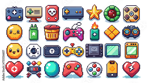 Pixel game icon. Retro video games element, arcade UI button, digital console 8-bit interface, pixels heart, bomb, star, menu buttons controller item. Vector set