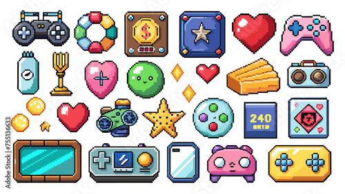 Pixel game icon. Retro video games element, arcade UI button, digital console 8-bit interface, pixels heart, bomb, star, menu buttons controller item. Vector set