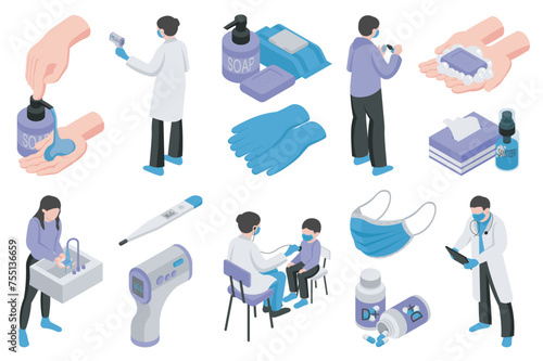Medical isometric elements constructor mega set. Creator kit with flat graphic washing hands, soap, thermometers, gloves, sanitizers, masks, treatment pills. Vector illustration in 3d isometry design