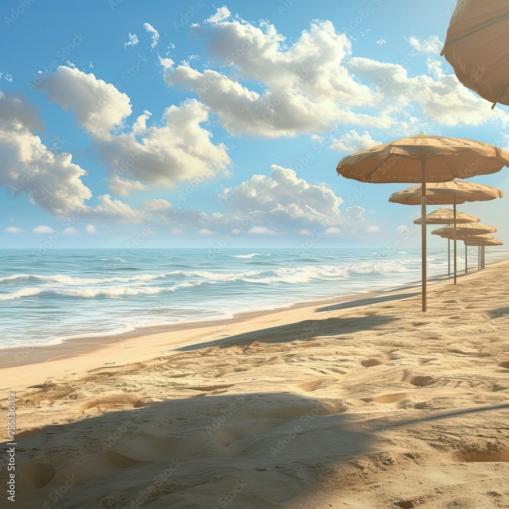 Beach umbrellas on a wavy sandy tropical beach. Blue Cloudy Sky
