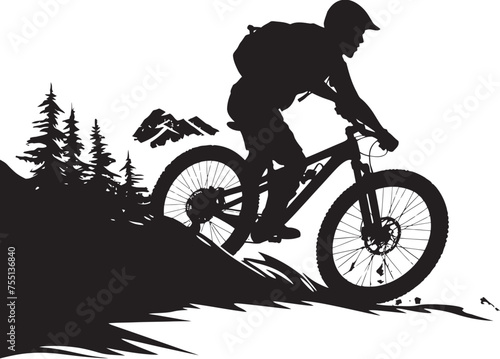 Carving Lines, Conquering Mountains Downhiller Logo Through Forest and Flow Mountain Bike Rider Icon