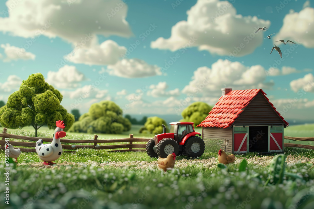 Fototapeta premium A farm scene with a barn, a tractor, a cow, and a chicken