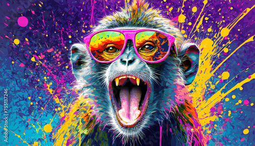 Vibrant pop art style portrait of a monkey wearing sunglasses with mouth open and paint splattering effect. AI generated wallpaper.