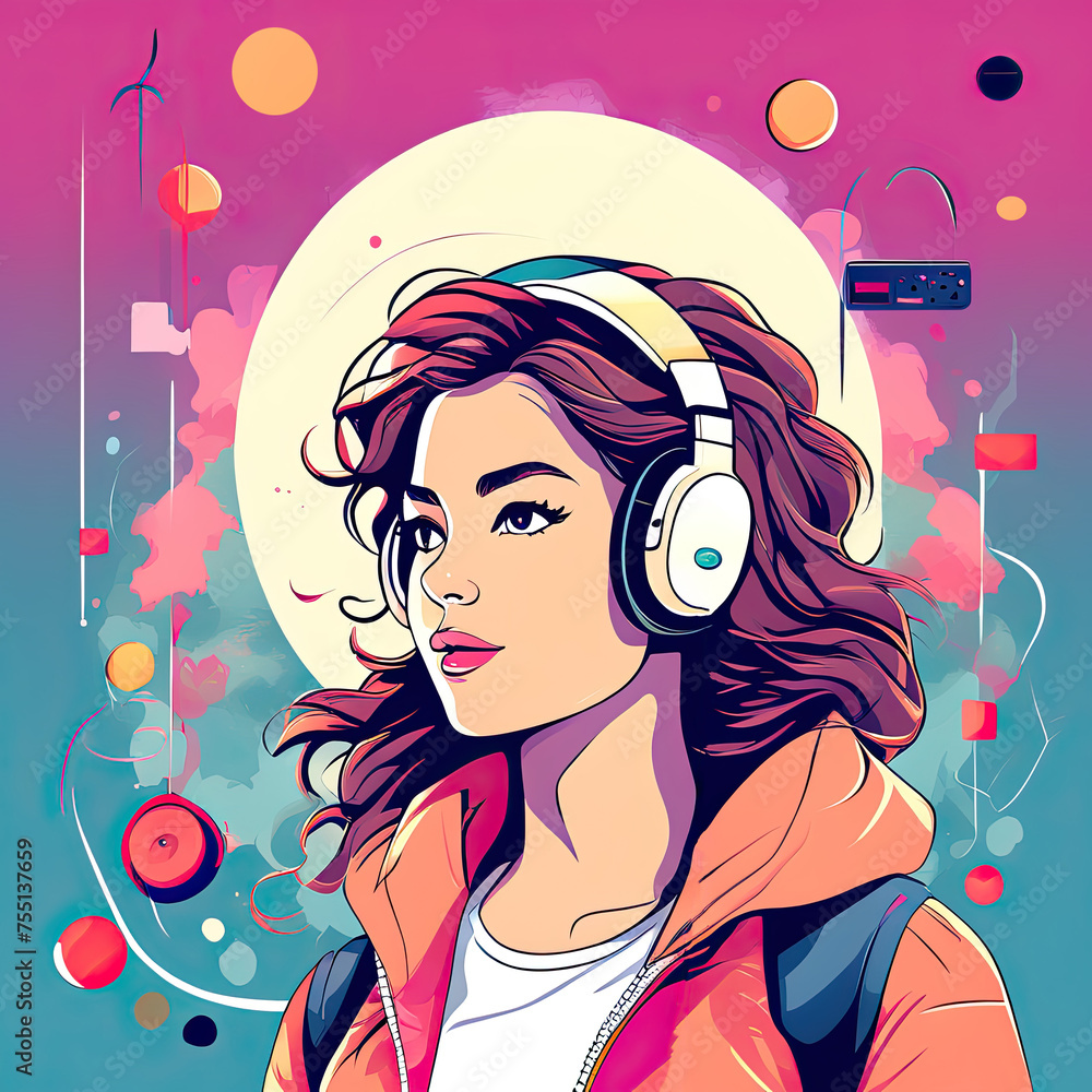 Illustration of a teenage girl enjoying music from headphones. Retro art style. Nostalgic mood.