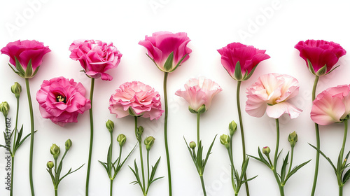 Beautiful eustoma flowers lying on white background. Banner with copy space for your idea, message, text or logo	
 photo