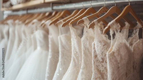 Bridal shop boutique salon concept. Closeup of beautiful elegant luxury bridal dresses on hangers. White wedding dresses hanging on hanger in bridal shop.